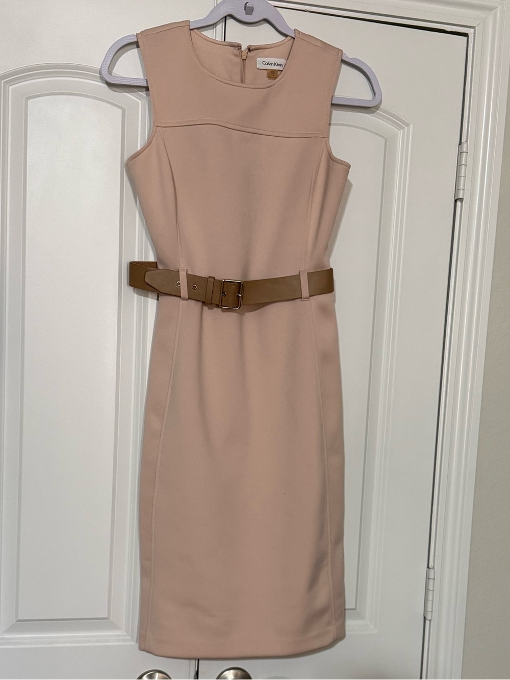 Calvin Klein Blush Sheath Dress with Tan Belt